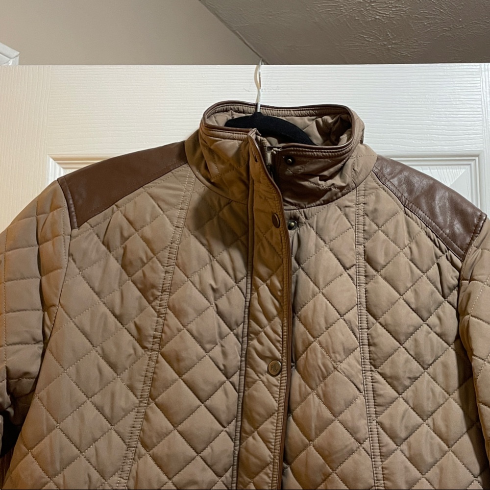 Lauren Ralph Lauren Faux-Leather-Trim Quilted Brown/Tan Jacket - Picture 13 of 15